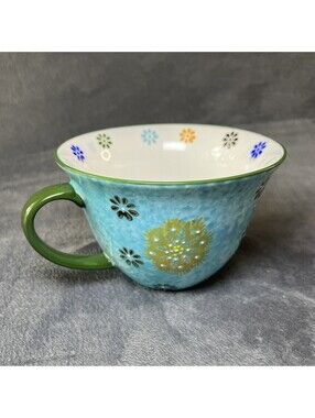 Signature Housewares Bohemian Coffee Mug Blue 14oz Ceramic Stoneware Big Tea Cup